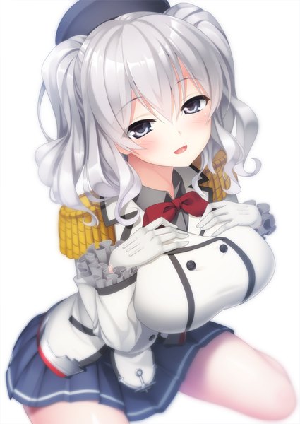 Anime picture 627x885 with kantai collection kashima training cruiser pochadon single long hair tall image looking at viewer blush breasts open mouth blue eyes simple background large breasts white background white hair girl skirt gloves uniform miniskirt