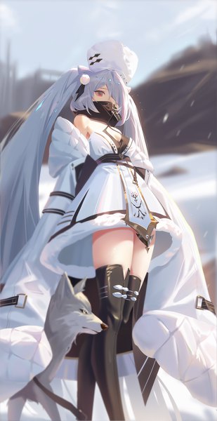 Anime picture 900x1746 with azur lane kiev (azur lane) dongfangzhong111 single tall image looking at viewer fringe breasts red eyes standing twintails cleavage silver hair outdoors very long hair blurry hair over one eye depth of field fur trim covered mouth