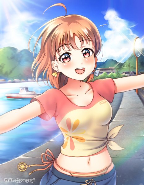 Anime picture 1011x1301 with love live! sunshine!! sunrise (studio) love live! takami chika ponyagii single tall image looking at viewer blush fringe short hair breasts open mouth smile red eyes sky cloud (clouds) ahoge outdoors braid (braids)