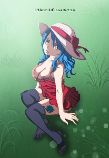 Anime picture 763x1100 with fairy tail juvia lockser gray-dous single long hair tall image breasts blue eyes light erotic blue hair from above tattoo coloring girl thighhighs dress black thighhighs plant (plants) hat grass