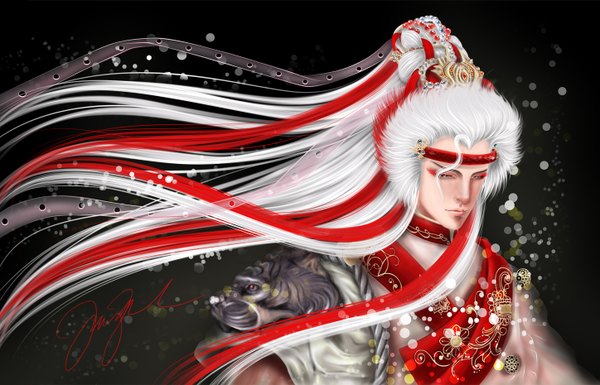 Anime picture 1447x930 with myme1 long hair blue eyes white hair red hair multicolored hair lips realistic streaked hair boy jewelry