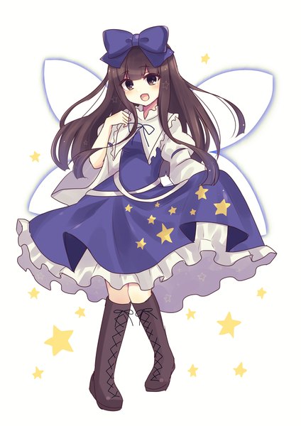 Anime picture 2893x4092 with touhou star sapphire subaru (subachoco) single long hair tall image highres open mouth simple background brown hair white background brown eyes full body :d girl bow hair bow wings star (symbol) knee boots