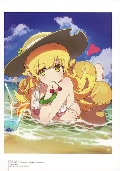 Anime picture 2464x3500 with bakemonogatari shaft (studio) monogatari (series) milky been! (ogipote) - dd's gems (artbook) oshino shinobu ogipote single long hair tall image looking at viewer fringe highres blonde hair smile yellow eyes sky cloud (clouds) lying pointy ears scan