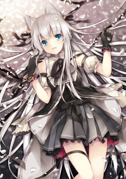 Anime picture 636x900 with original 6u (eternal land) single long hair tall image looking at viewer fringe open mouth blue eyes animal ears bent knee (knees) pleated skirt grey hair puffy sleeves happy hair bell girl skirt gloves ribbon (ribbons)