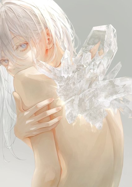 Anime picture 1451x2048 with original nyaon oekaki single long hair tall image looking at viewer fringe blue eyes light erotic simple background hair between eyes upper body white hair looking back from behind grey background girl crystal