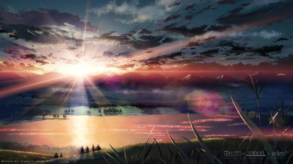 Anime picture 1280x720 with eden* minori wide image sky cloud (clouds) evening sunset mountain landscape river plant (plants) tree (trees) grass