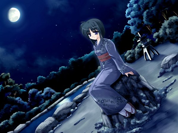 Anime picture 1024x768 with sakura machizaka stories (game) short hair black hair purple eyes game cg japanese clothes night girl kimono moon