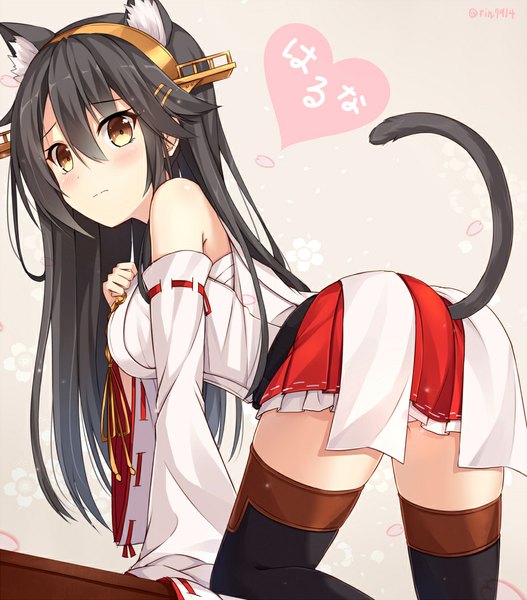 Anime picture 942x1072 with kantai collection haruna battleship rin yuu single long hair tall image looking at viewer blush fringe light erotic black hair hair between eyes bare shoulders brown eyes signed animal ears bent knee (knees) tail animal tail cat ears