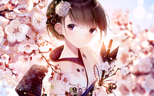 Anime-Bild 1920x1200 mit original atha (leejuiping) single looking at viewer blush fringe highres short hair smile brown hair purple eyes holding upper body traditional clothes japanese clothes blurry sparkle depth of field wallpaper lens flare