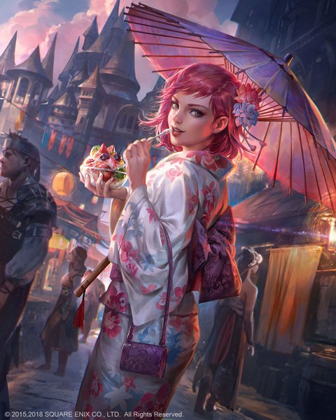 Anime picture 1760x2200 with mobius final fantasy jeremy chong tall image looking at viewer highres short hair open mouth smile standing holding pink hair sky cloud (clouds) outdoors traditional clothes japanese clothes looking back hair flower wind realistic