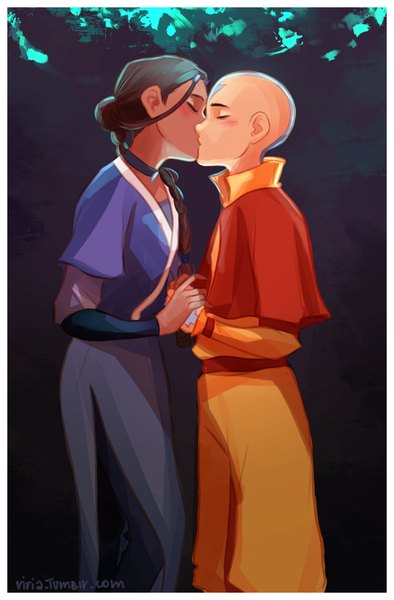 Anime picture 1262x1920 with avatar: the last airbender nickelodeon katara aang viria13 viria (viktoria ridzel) long hair tall image blush breasts brown hair braid (braids) eyes closed traditional clothes tattoo couple holding hands side braid kiss bald