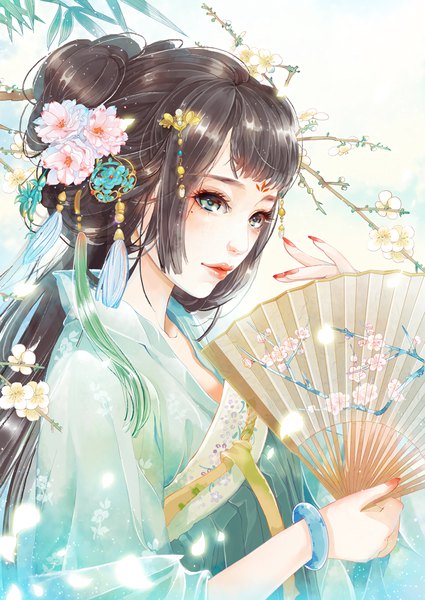 Anime picture 1324x1870 with original bingbingpp single long hair tall image black hair holding looking away upper body nail polish traditional clothes hair flower aqua eyes lipstick portrait chinese clothes red lipstick red nail polish forehead mark plum blossoms