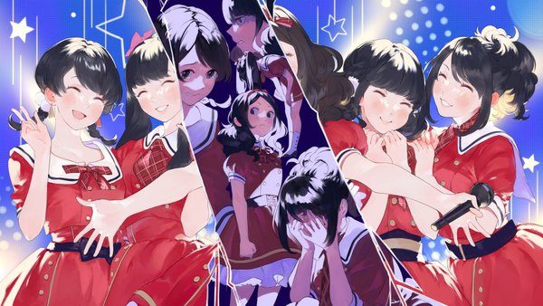 Anime picture 1120x630 with idol manager aiwa (artist) long hair looking at viewer blush fringe short hair open mouth black hair smile brown hair wide image twintails multiple girls holding brown eyes looking away blunt bangs eyes closed official art