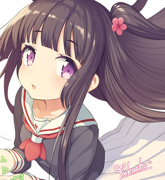 Anime picture 962x1050 with wakaba girl kohashi wakaba pokachu single long hair tall image looking at viewer blush fringe open mouth black hair simple background white background purple eyes holding pleated skirt hair flower from above wind :o