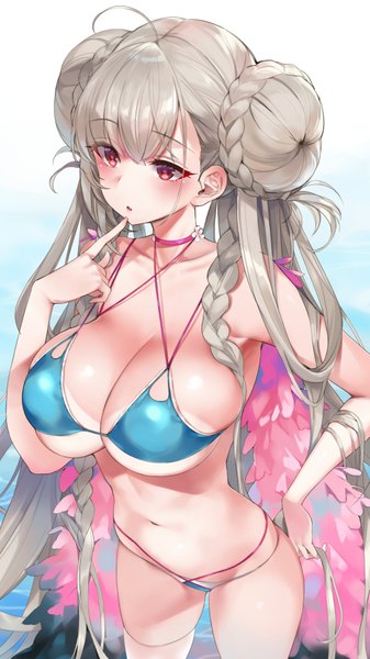 Anime picture 1013x1800 with azur lane formidable (azur lane) formidable (the lady of the beach) (azur lane) hym9594 single tall image blush fringe breasts light erotic red eyes large breasts bare shoulders looking away ahoge braid (braids) very long hair grey hair bare belly hair bun (hair buns)