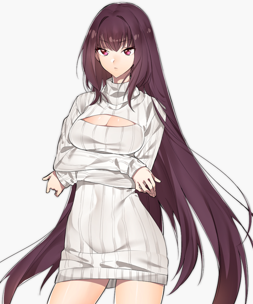 Anime picture 850x1020 with fate (series) fate/grand order scathach (fate) (all) scathach (fate) sino42 single long hair tall image fringe breasts simple background large breasts white background looking away cleavage purple hair pink eyes crossed arms girl turtleneck