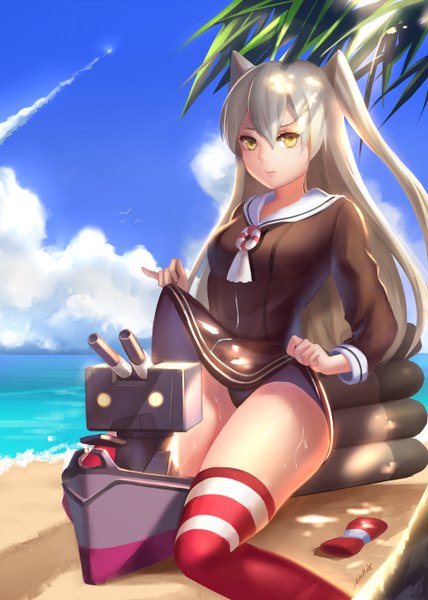 Anime picture 1000x1402 with kantai collection amatsukaze destroyer rensouhou-kun stellarism single long hair tall image light erotic yellow eyes grey hair sweat two side up legs girl thighhighs dress uniform swimsuit school uniform hat