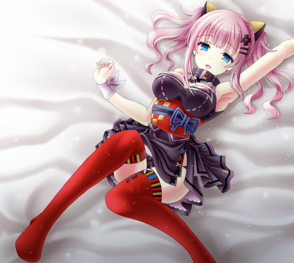 Anime picture 1209x1080 with virtual youtuber the moon studio kaguya luna amou yuu single long hair looking at viewer open mouth blue eyes light erotic twintails pink hair lying :d armpit (armpits) on back pantyshot girl thighhighs underwear