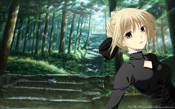 Anime picture 2560x1600 with fate (series) fate/stay night studio deen type-moon artoria pendragon (all) saber saber alter single long hair blush highres open mouth blonde hair wide image signed yellow eyes girl dress plant (plants) tree (trees)