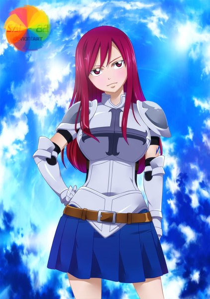 Anime picture 800x1138 with fairy tail erza scarlet sal-88 single long hair tall image red eyes sky cloud (clouds) red hair pleated skirt light smile tattoo hand on hip coloring girl skirt armor