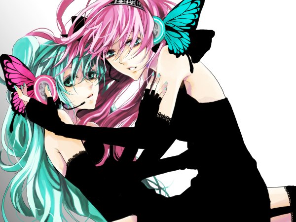 Anime picture 1200x900 with vocaloid magnet (vocaloid) hatsune miku megurine luka tagme (artist) long hair multiple girls pink hair nail polish aqua eyes aqua hair dutch angle shoujo ai insect wings butterfly wings girl dress gloves 2 girls hat