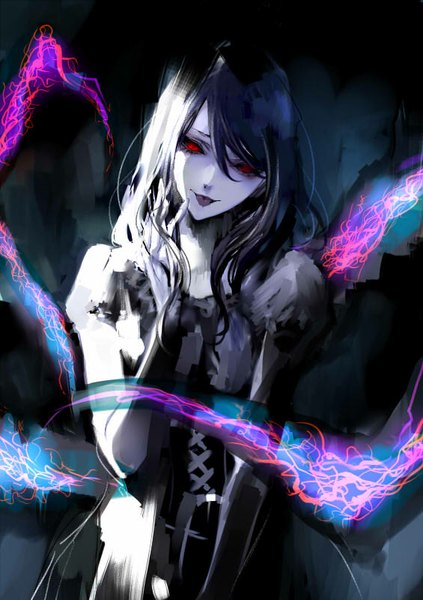 Anime picture 565x800 with tokyo ghoul studio pierrot kamishiro rize kiyohara hiro single long hair tall image looking at viewer fringe red eyes blue hair head tilt night short sleeves finger to mouth dark background pale skin licking black sclera girl