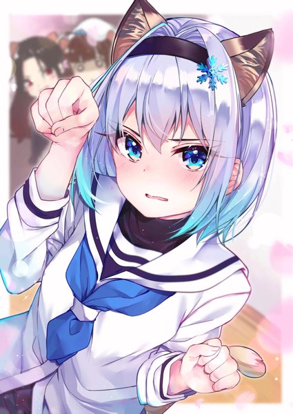 Anime picture 1534x2165 with ryuuou no oshigoto! sora ginko rouka (akatyann) tall image looking at viewer blush fringe short hair blue eyes black hair hair between eyes red eyes brown hair multiple girls animal ears payot silver hair ahoge tail nail polish