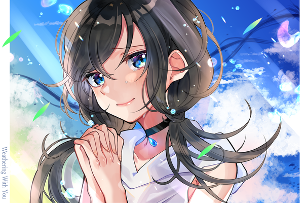 Anime picture 3000x2000 with tenki no ko amano hina (tenki no ko) totomachokori single long hair looking at viewer blush highres blue eyes black hair smile twintails sky cloud (clouds) sunlight copyright name tears low twintails sunbeam hands clasped