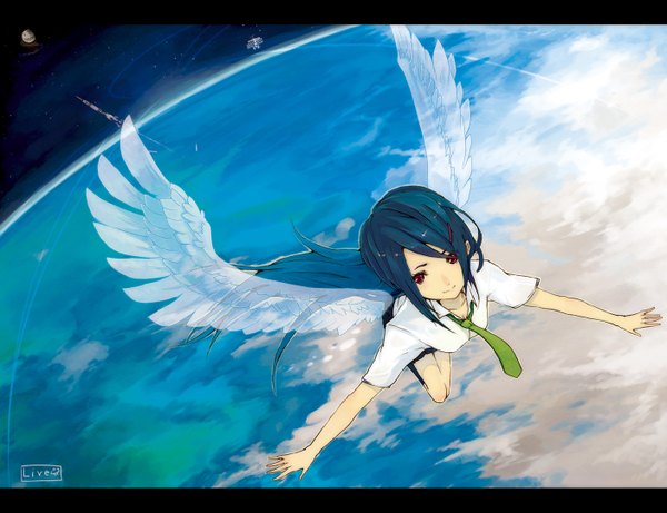 Anime picture 1405x1081 with original hrd single long hair looking at viewer red eyes blue hair from above spread arms angel wings space girl uniform hair ornament school uniform shirt wings necktie hairclip moon