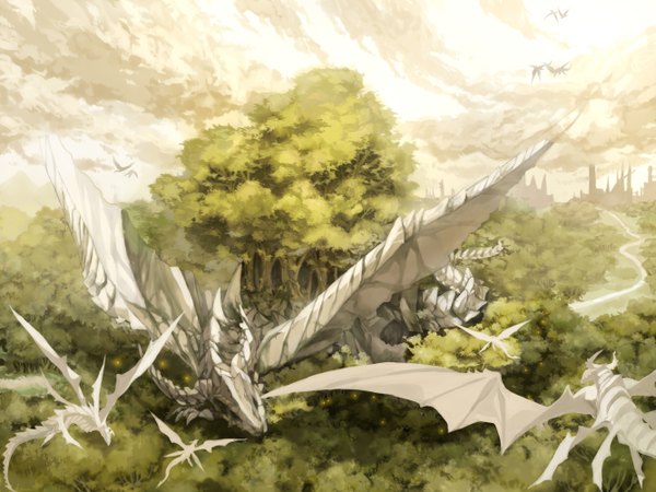 Anime picture 1333x1000 with original anbivarens (artist) sky cloud (clouds) silhouette plant (plants) wings tree (trees) forest dragon road