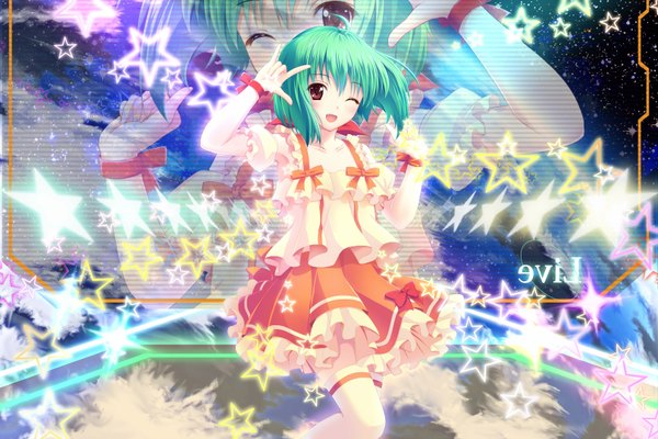 Anime picture 1620x1080 with macross macross frontier ranka lee korotan single blush short hair open mouth smile brown eyes one eye closed green hair wink zoom layer girl thighhighs white thighhighs star (symbol) star (stars) sundress