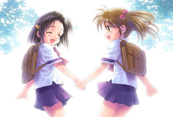 Anime picture 5785x3953 with original goto p blush highres short hair open mouth black hair brown hair twintails multiple girls brown eyes absurdres eyes closed profile scan holding hands short twintails girl uniform 2 girls