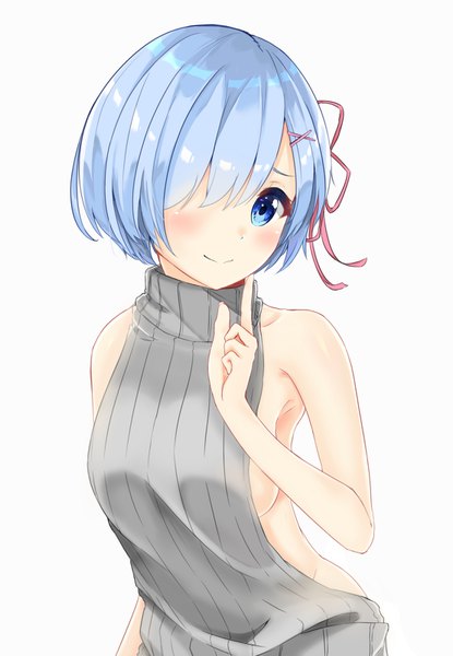 Anime picture 1108x1600 with re:zero kara hajimeru isekai seikatsu white fox rem (re:zero) gyouza aniki single tall image looking at viewer blush fringe short hair breasts blue eyes light erotic simple background smile white background bare shoulders blue hair upper body hair over one eye