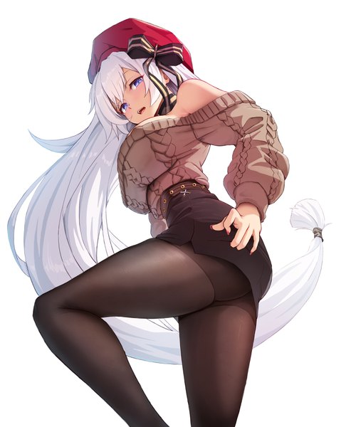 Anime picture 2717x3307 with azur lane belfast (azur lane) belfast (shopping with the head maid) (azur lane) solar (happymonk) single tall image looking at viewer blush fringe highres open mouth light erotic simple background standing white background purple eyes silver hair bent knee (knees) long sleeves very long hair