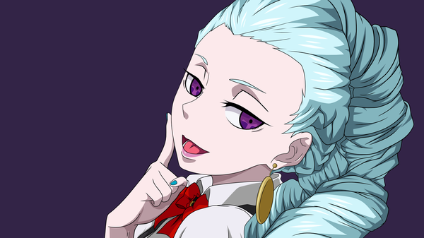 Anime picture 1920x1080 with death parade madhouse nona (death parade) blackmoon329 single long hair looking at viewer highres open mouth simple background smile wide image purple eyes blue hair upper body nail polish lipstick drill hair pink lipstick purple background