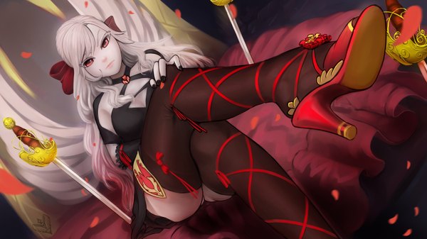 Anime picture 6000x3375 with forgotten-wings single long hair highres light erotic red eyes wide image sitting absurdres grey hair crossed legs girl thighhighs bow weapon black thighhighs hair bow epee