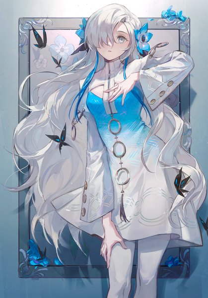 Anime picture 1668x2388 with virtual youtuber kamitsubaki studio isekai joucho zhongmu single tall image looking at viewer fringe silver hair very long hair hair flower hair over one eye silver eyes girl flower (flowers) pantyhose insect butterfly tassel white pantyhose