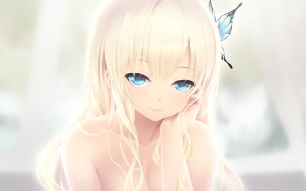 Anime picture 1920x1200 with boku wa tomodachi ga sukunai kashiwazaki sena cait single long hair looking at viewer blush fringe highres blue eyes light erotic smile bare shoulders upper body white hair topless hand on face girl hair ornament insect