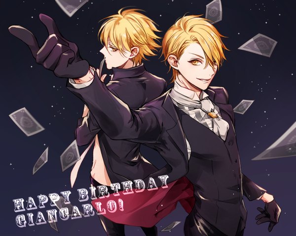 Anime picture 1000x800 with lucky dog gian carlo komichi96 fringe short hair blonde hair smile yellow eyes looking away profile arm up from above hair over one eye dark background happy birthday dual persona formal boy gloves black gloves