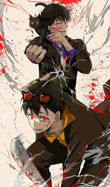 Anime picture 709x1200 with osomatsu-san matsuno ichimatsu matsuno juushimatsu ekita xuan tall image looking at viewer short hair open mouth black hair smile red eyes looking away multiple boys outstretched arm glowing smoke glowing eye (eyes) siblings sunglasses on head blood on face