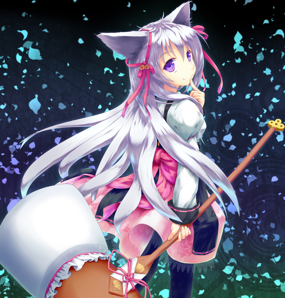 Anime picture 1180x1235 with tayutama lump of sugar mito mashiro muneyuki single long hair tall image smile purple eyes animal ears white hair looking back girl ribbon (ribbons) hair ribbon petals hammer