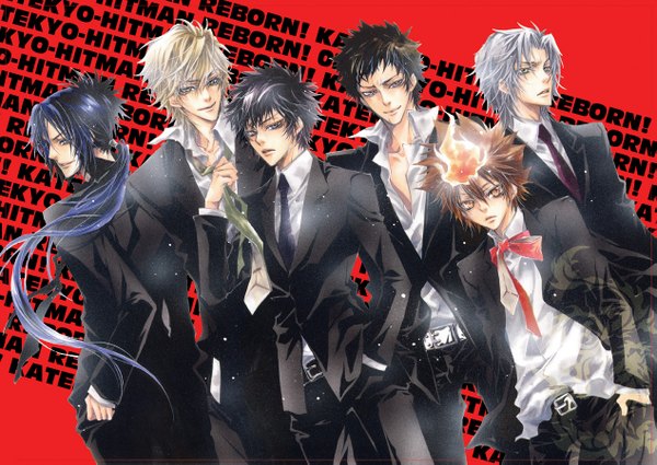 Anime picture 1267x899 with katekyou hitman reborn sawada tsunayoshi hibari kyouya rokudo mukuro gokudera hayato yamamoto takeshi dino cavallone hina long hair black hair blonde hair smile brown hair purple eyes brown eyes green eyes yellow eyes silver hair purple hair ponytail