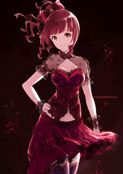Anime picture 1254x1771 with idolmaster idolmaster cinderella girls idolmaster cinderella girls starlight stage igarashi kyouko hidaka kouyou single tall image looking at viewer fringe short hair breasts simple background smile standing brown eyes signed payot ponytail red hair blunt bangs