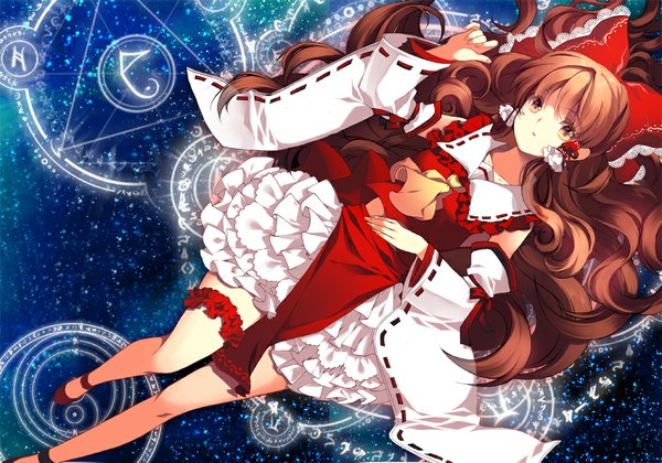 Anime picture 1000x700 with touhou hakurei reimu roh nam kyung single long hair looking at viewer brown hair yellow eyes lying legs magic girl bow hair bow detached sleeves garter (garters) magic circle