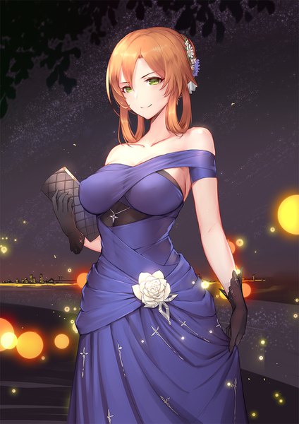 Anime picture 992x1403 with girls frontline m1903 springfield (girls frontline) liu lan single long hair tall image looking at viewer breasts light erotic blonde hair smile large breasts bare shoulders holding green eyes outdoors hair flower light smile night night sky