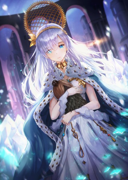 Anime picture 2527x3555 with fate (series) fate/grand order anastasia (fate) viy (fate) neiless neiro single long hair tall image looking at viewer blush fringe highres blue eyes standing holding silver hair outdoors hair over one eye night dutch angle