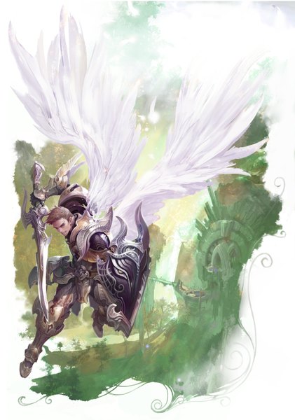 Anime picture 2000x2851 with aion juno jeong (artist) single tall image highres short hair brown eyes angel wings fighting stance angry boy weapon sword wings armor blood shield scratch