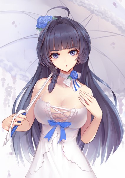 Anime picture 992x1403 with honkai impact 3rd benghuai xueyuan honkai (series) raiden mei raiden mei (aeterba purum) liu lan single long hair tall image looking at viewer fringe breasts black hair purple eyes bare shoulders holding cleavage ahoge upper body blunt bangs