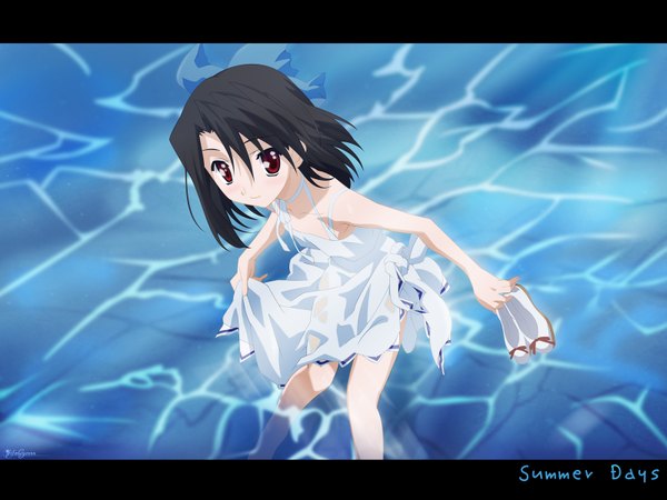 Anime picture 1600x1200 with school days kiyoura setsuna solwyvern single looking at viewer fringe short hair black hair hair between eyes red eyes standing holding signed light smile leaning leaning forward partially submerged letterboxed wet clothes vector