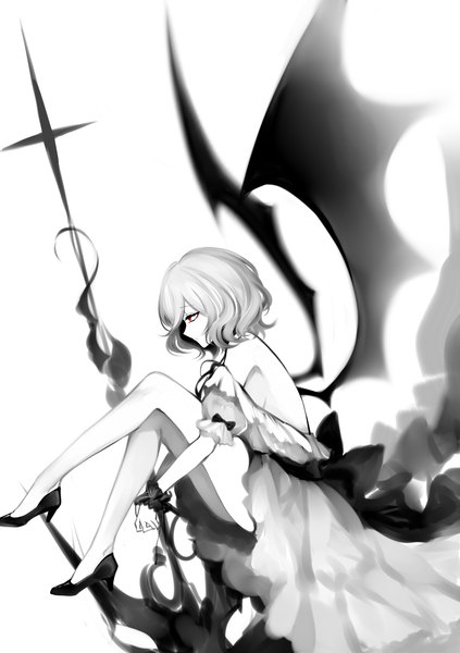 Anime-Bild 3100x4400 mit touhou remilia scarlet sheya single tall image highres short hair simple background white background sitting looking away absurdres profile high heels looking down demon wings leg hug spot color no hat girl